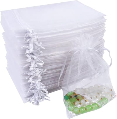 100 stuks witte organza zakjes met trekkoord, 10 x 15 cm organza geschenkzakjes, sieradentassen, snoepzakjes voor huwelijksgunsten, Kerstmis, verjaardag, jubileum, feestbenodigdheden