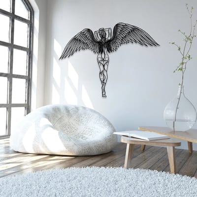 Metalen Wanddecoratie Engel – 3D Wandkunst – Wit met Zwarte Vleugels – 101 x 133 cm