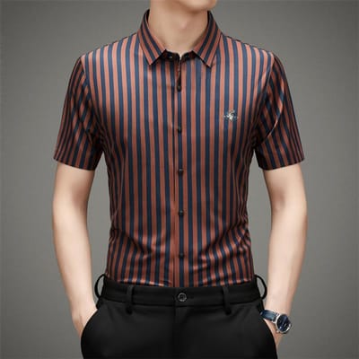 Hoge Kwaliteit Trendy Heren Gestreept Revers Korte Mouw Mode Zakelijk Slim Onderhemd XXXXL brown