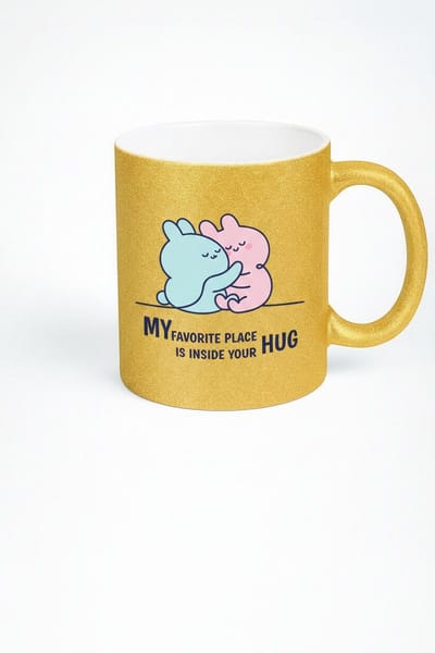 Gouden Glitter Mok: 'My Favorite Place Is Inside Your Hug' - Knuffel Konijnen Liefdes Cadeau