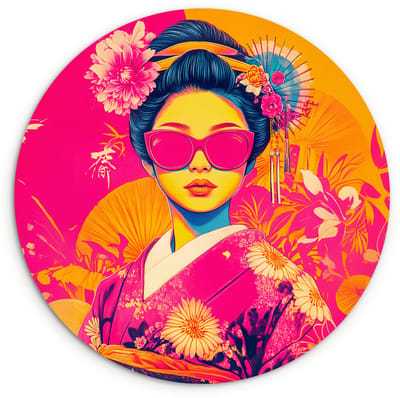 WallCircle® Wandcirkel 120x120 cm - Muurcirkel Vrouw - Zonnebril - Abstract - Oranje - Muurdecoratie woonkamer - Wanddecoratie slaapkamer - Kamer decoratie accessoires - Ronde schilderijen XXL