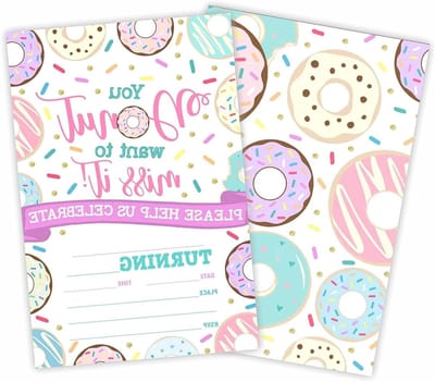 Donut Verjaardag Uitnodigingen - Feestkaarten Thema - Kinderfeestje Organiseren - Dubbelzijdig Bedrukt - 4 x 6 Inch - Multicolor