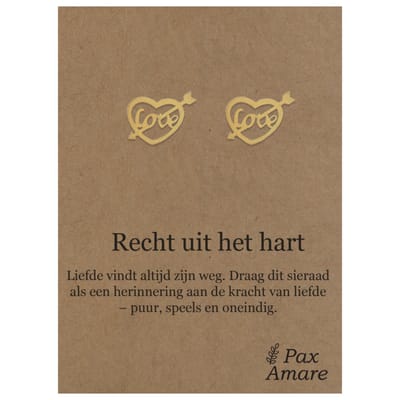 Stainless Steel Hartje met "Love" Oorbellen op Cadeau Kaartje - Recht uit het hart - ± 10x10mm Oorknopjes Goudkleurig Roestvrij Staal - Pax Amare