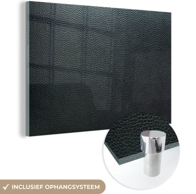 MuchoWow® Glasschilderij 150x100 cm - Schilderij acrylglas - Leer - Structuur - Zwart - Groen - Licht - Foto op glas - Schilderijen