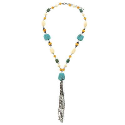 Behave - Ketting met turquoise en bruine kralen - Lange hanger - Nikkelvrij - 54 cm + 7,5 cm verlengketting