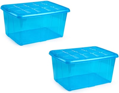 Plasticforte opslagbak organizers met deksel - 2x - transparant/blauw - 60 liter - kunststof