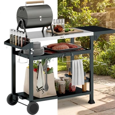 Buitenkeuken op Wielen – BBQ Trolley – Met Opbergkast & Planken – Werktafel voor Buiten – Staal & Metaal – Multifunctioneel – Zwart + Zilver