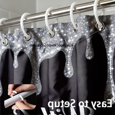 Glanzend zwart en zilver douchegordijn met diamanten patroon, waterdichte stof, 183 x 183 cm, inclusief 12 haken, ideaal voor badkameraccessoires en hotels