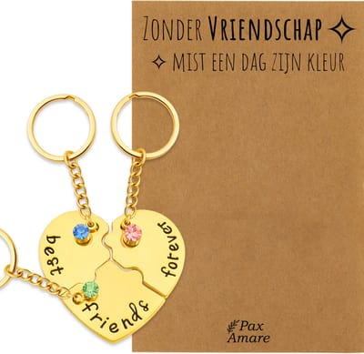 BFF Sleutelhanger voor 3 'Zonder Vriendschap mist een dag zijn kleur' - Hartje Puzzelstukjes & Kristal - Sleutelhanger set op Cadeau Kaartje - Goudkleurig - Vriendschap Symbool - Pax Amare