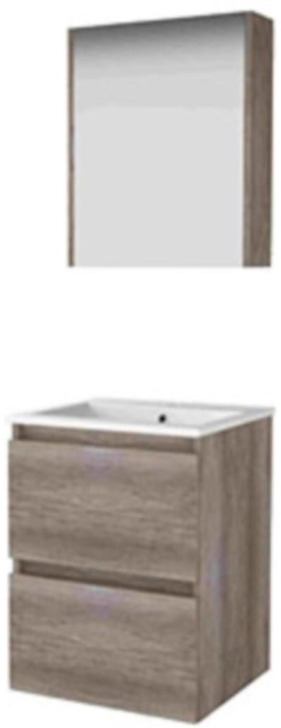 Basic-Line Comfort 46 Badkamermeubelset - 50 x 46 cm - Greeploos - 2 Lades - Keramische Wastafel - 1 Kraangat - Spiegelkast - Scotch Oak