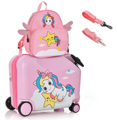 COSTWAY 2-delige kinderkoffer + rugzak, 30 cm + 45 cm, kindertrolley met wielen en waterdichte harde schaal, kinderbagage met draagriem, touw en voetsteunen, rolkoffer voor jongens en meisjes
