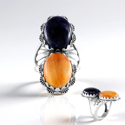 Cavill - 925 Sterling Zilveren Ring met Ovale Braziliaanse Sodaliet en Mexicaanse Oranje Oesterschelp - 13,23 ct - Statement Ring Dames