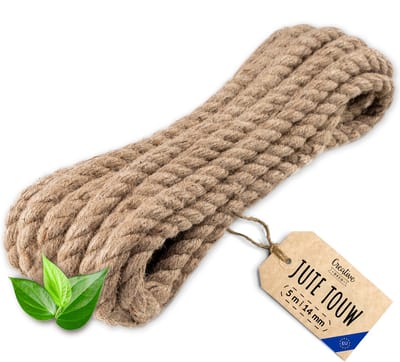 Creatief Deco Jute Touw | 5m Lengte | 14mm Dikte | Sterk en Duurzaam Jute Touw | Gedraaid Natuurvezeltouw | Bruin Decoratief Touw | Voor Toepassingen: Balustrades, tuin- en thuisprojecten