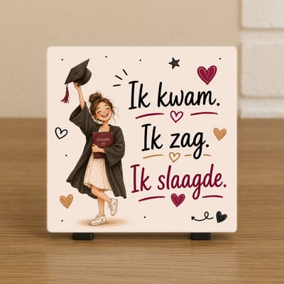 Wenstegeltje "Ik kwam. Ik zag. Ik slaagde!" – Cadeau tegeltje – Trendy nu – Geslaagd – Vriendin – Rijbewijs – Diploma – Zomaar – Cadeau – Incl standaard - Ingepakt met confetti