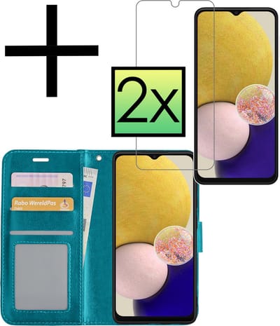 Hoesje - Met 2x Screenprotector - Geschikt voor Samsung Galaxy A13 4G - Luxe Pasjeshouder - Bookcase Portemonee - Flip Case - Kunstleer Book Case - Flipcase Hoes - Book Cover - Walletcase - Portemonneehoes - Turquoise