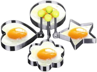 4x Eiervorm - Hart / ster / bloem / rond - Ei vorm - Pannenkoek vorm - Bakvorm pan - Gebakken ei - Eieren bakken - Egg ring heart/star/flower/round - Shaped mold - RVS - Perfecte vorm - 9 cm - Jonyx