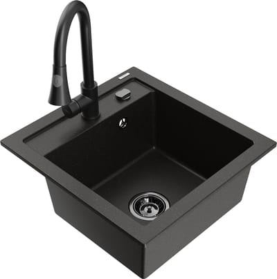 Mexen Vito granieten spoelbak 1-compartiment met keukenmengkraan Elia, zwart/gouden metallic - 6503-75-670101-70-B