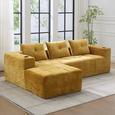MODENUIT Hoekbank 258 cm - L-Vorm met Diepe Zitting en Bekerhouders - Voor Woonkamer en Wachtkamer - Chenille Geel