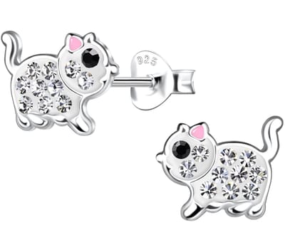 Joy|S - Zilveren kat poes oorbellen - 9 x 8 mm - zilver met roze oortjes - kristal - kinderoorbellen