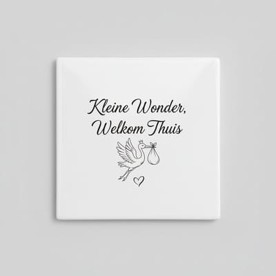 Decoratieve Keramische Tegel “Kleine Wonder, Welkom Thuis” met Ooievaar Illustratie – Babykamer Wanddecoratie – 15 × 15 cm