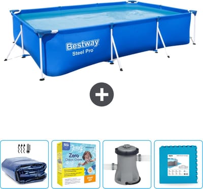 Bestway Rechthoekig Steel Pro Zwembad - 300 x 201 x 66 cm - Blauw - Inclusief Solarzeil - Onderhoudspakket - Pomp - Vloertegels