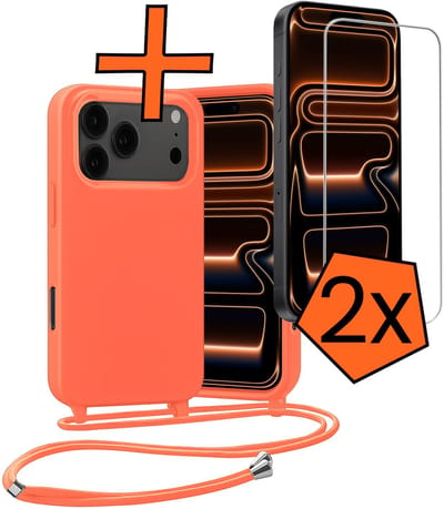 Hoesje Geschikt voor iPhone 17 Pro / 18 Pro Hoes Met Telefoonketting Met 2x Screenprotector - Backcover Geschikt voor iPhone 17 Pro / 18 Pro Case Met Koord - Papaya