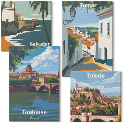 Wallfluent Set van canvas schilderijen - Retro-stijl graphics van beroemde steden Canvas Schilderijen Set - Set van 4 Canvas Schilderijen - Veelkleurig Set van Canvas Prints - Steden Canvas Kunst Set - Boheemse Canvas Kunst Set