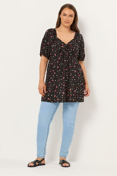 Yours Zwarte Blouse Met Aardbeienprint En Gedraaide Voorkant Size 42