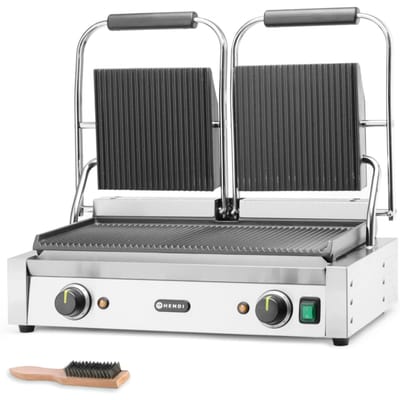 HENDI Dubbele contactgrill – volledig geribd – gietijzeren platen – 230V/3600W – 570x395x510 mm