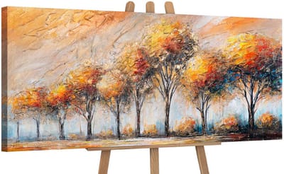Canvas schilderij panoramisch 115x50 handgeschilderd gloed van bladeren herfst – YS-Art Gallery – Sfeervol wanddecoratie voor woonkamer – Modern schilderij voor hal