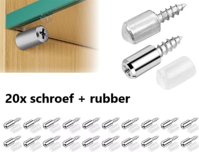 TLVX 20 stuks sterke Schroef + rubber / Plankdragers / Kastschroeven voor plank / Glas / Glazen plaathouder / 20x Zelf tappende Kruiskop schroef en 20x rubber antislip / Kledingkast plank drager / Kastplank houder / Plank steun schroeven met rubbers
