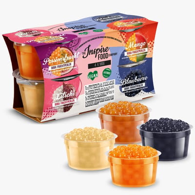 Inspire Food Company - Bubble tea - Bubble Tea Parels - Popping Boba Pearls - Popping Fruitparels - Mango, Passievrucht, Litchi, Blauwe Bes - 4 x 100 gram