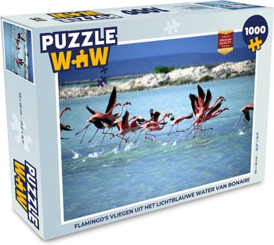 Puzzel Flamingo's vliegen uit het lichtblauwe water van Bonaire - Legpuzzel - Puzzel 1000 stukjes volwassenen