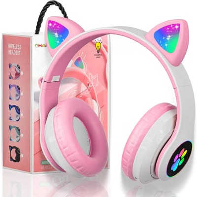 Thijox - Draadloze kinderhoofdtelefoon met LED-licht, Kattenoren, Opvouwbaar, Bluetooth Hoofdtelefoon met Microfoon voor Meisjes, Zwart/Roze, Perfect