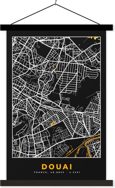 Posterhanger incl. Poster 40x60 cm - Schoolplaat - Frankrijk - Douai - Stadskaart - Kaart - Plattegrond - Textielposter - Zwarte latten - Stadskaart