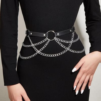 Dames Sexy Lichaamsketting Sieraden PU Leer Taille Riem Met Kettingen Festival Ketting Buikriem Sieraden Voor Dames Gotische Accessoires gray