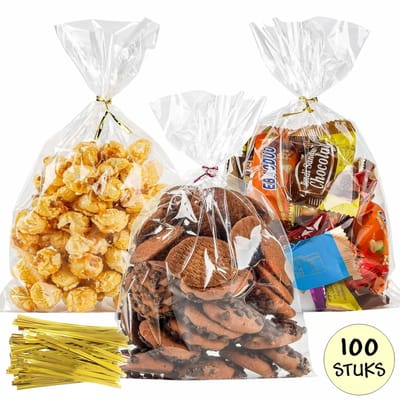 100x Uitdeelzakjes 15x25cm - Zakjes Met Twistbandjes - Cellofaan Zakjes - Transparant - Snoepzakjes - Cadeauzakjes - Inclusief Sluitstrips Goud 15 x 25 cm - 100 Stuks