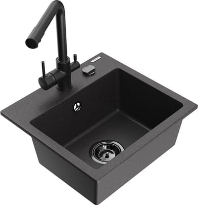 Mexen Milo granieten spoelbak 1-komor met keukenkraan Duero, zwart gespetterd - 6505-76-671600-70-B
