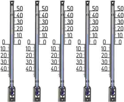 Tuinthermometer Set van 5 - Analoge Buitenthermometers - Temperatuur -40 tot +50 °C - Weerbestendig - 16 cm - Zwart/Rood