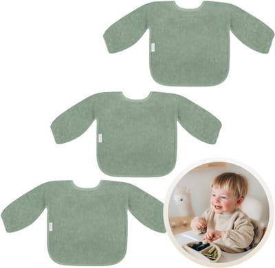 Funnies Slab met Mouwen 3-Pack Stone Green - Set van 3 Zachte Slabbetjes voor Baby’s - 100% Katoenen Badstof - Makkelijk Wasbaar in de Wasmachine - Slabbetjes, Kwijlslab, Eet- en Speelslab - Ideaal voor Eten, Knutselen en Spelen