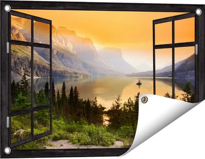Gards Tuinposter Doorkijk Bergen met een Meer in Nationaal Park Glacier - 60x40 cm - Tuindoek - Tuindecoratie - Wanddecoratie buiten - Tuinschilderij