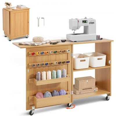 VEVOR Opvouwbare Naaitafel Multifunctionele Naaimachinetafel met Wielen & Planken & Opbergvakken & Houten Pennen & Magnetische Deurtjes, Naaimachine Houtkleur Opvouwbaar (1170 x 400 x 778 mm)