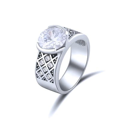 Quiges - 925 Zilveren Ring Klassiek Robust Vintage Solitair met Ronde Zirkonia Kristal - QSR07217