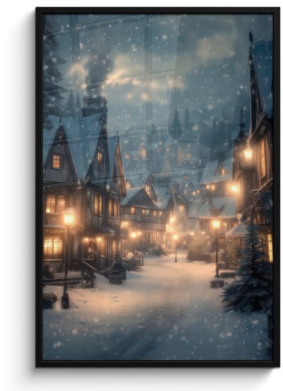Poster in lijst - Fotolijst 80x120 cm - Posters - Winterdorp - Sneeuw - Donker - Posterlijst zwart - Decoratie - Wanddecoratie woonkamer - Muurdecoratie slaapkamer