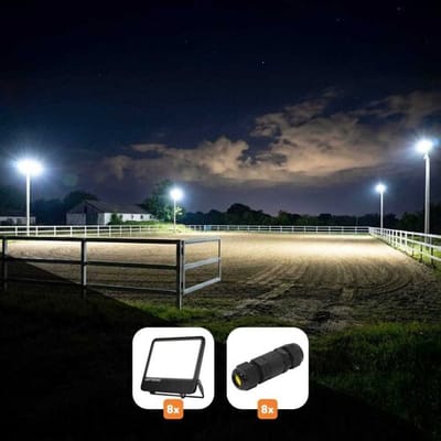 HOFTRONIC – Set van 8 breedstralers ArenaPro – 200 watt – 4000K neutraal wit – Anti-glare – Kantelbaar – Aluminium met glas – IP65 waterdicht – Breedstraler led schijnwerper voor paardenbak 20x60m