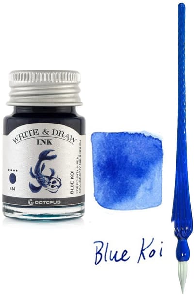 Glaspen - Glazen Dip Pen set in doosje - Blauw - Potje - Octopus - Vulpen inkt - blauw-blue koi