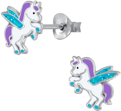 Joy|S - Zilveren eenhoorn met glitter vleugeltjes oorbellen - unicorn oorknoppen