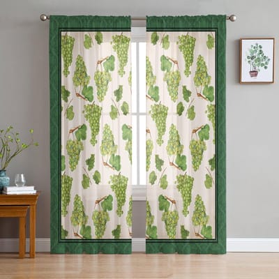 Vintage Getextureerde Plant Fruit Druif Voile Transparante Gordijnen Woonkamer Raam Tule Gordijn Keuken Slaapkamer Draperieën Huisdecoratie 135W x 114H(cm) beige