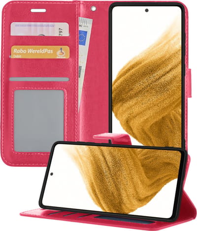 Hoesje - Met Pasjeshouder - Geschikt voor Samsung Galaxy A53 - Luxe Bookcase Portemonee - Flip Case - Kunstleer Book Case - Flipcase - Book Cover - Walletcase - Portemonneehoes - Telefoonhoesjes - Donkerroze