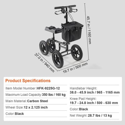 Knie-roller, opvouwbaar, van koolstofstaal, bestuurbare rollator met verstelbaar stuur en knie-kussens, 12 inch all-terrain wielen, dubbele remmen, draagvermogen 350 pond